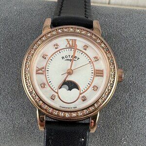 Swiss Rotary Moon Phase Watch, Stylish Polished Rose Gold Dazzling Crystal Bezel